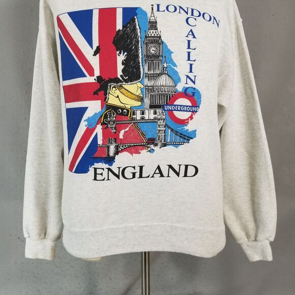 vintage London Calling sweater sweatshirt medium gray long sleeve '80s flawed - Picture 3 of 9